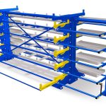 Front view of a blue roll out cantilever rack with materials stored on it and a drawer pulled out.