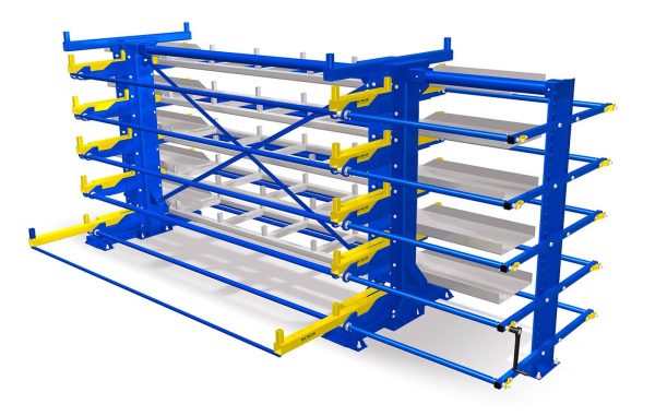 Front view of a blue roll out cantilever rack with materials stored on it and a drawer pulled out.