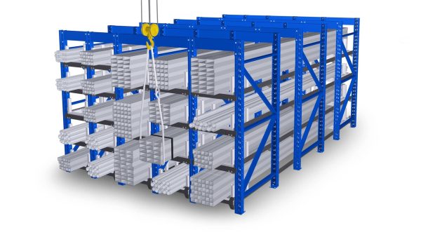 Front view of a blue honeycomb rack with tubes stored and a crane pulling out a bundle of tubes.