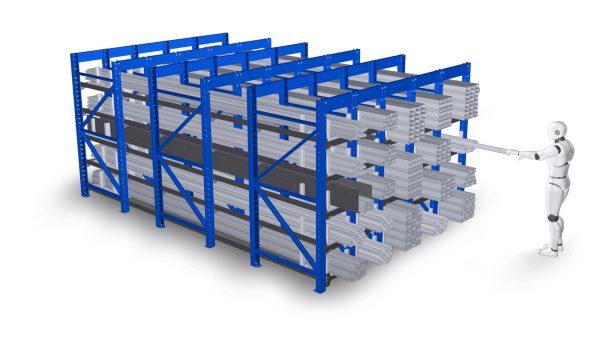 Side view of a blue honeycomb rack that has been extended with tubes stored and a man pulling a tube out of the top of the rack.