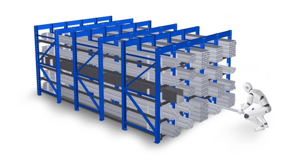 Side view of a blue honeycomb rack that has been extended with tubes stored and a man pulling a tube out of the bottom of the rack.