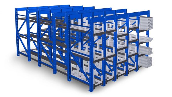 Side view of a blue honeycomb rack with tubes stored.