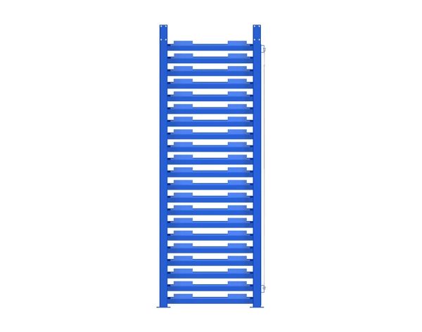 View of the side of a blue sheet tower which is empty on a white background.