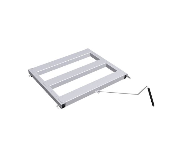 A single silver floor mounted roll out pallet with a handle on a white background that is not pulled out.