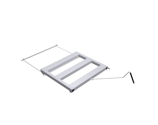 A single silver floor mounted roll out pallet with a handle on a white background that is pulled out.