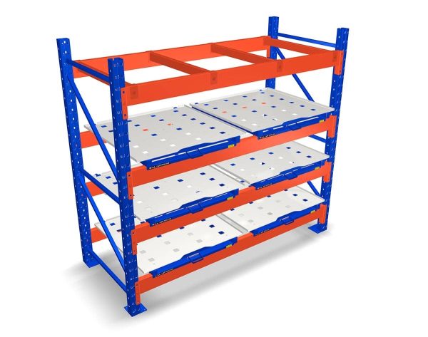 Blue and silver roll out pallets mounted to racking with nothing on them.