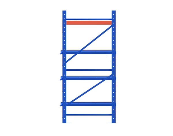 Side view of blue racking with rack mounted roll out pallets.