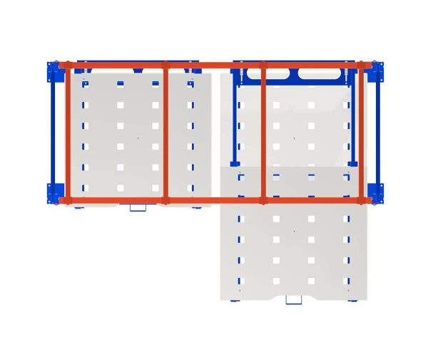 Bird's eye view of blue and silver roll out pallets mounted to racking with nothing on them and a drawer pulled out.