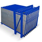 Front view of a blue roll out vertical sheet rack with sheet material inside.