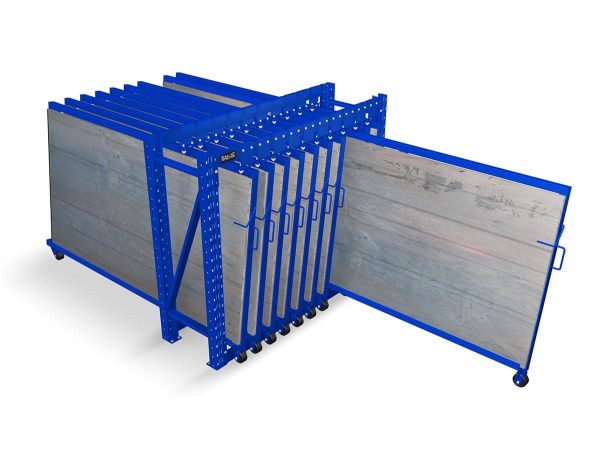 Front view of a blue roll out vertical sheet rack with sheet material inside and one of the drawers pulled out.