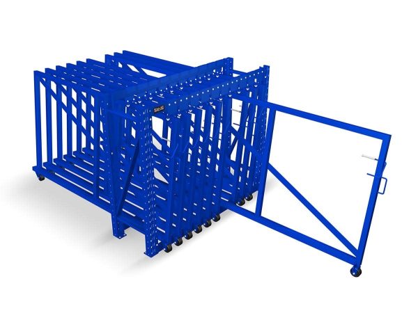 Front view of a blue roll out vertical sheet rack that is empty with a drawer pulled out.