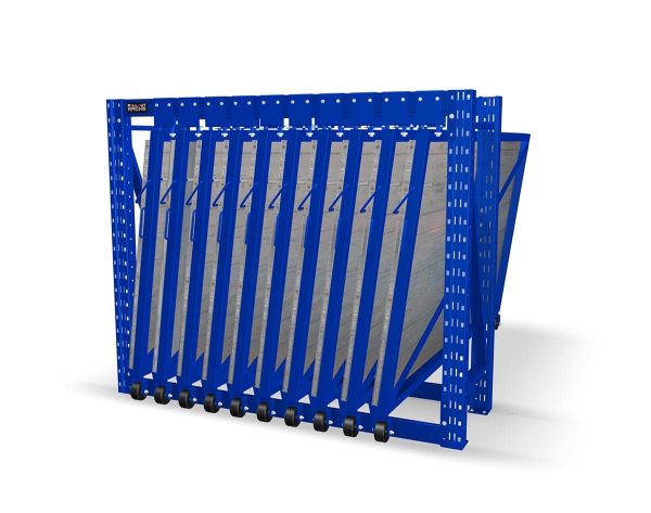 Side view of a blue roll out vertical sheet rack with sheet material inside.