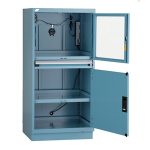 Stationary model blue computer cabinet with door and panel open on a white background.