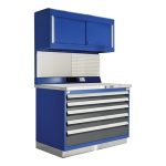 Blue work center with cabinet overhead and drawers.