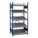 Open shelving with 5 sloped shelves on a white background.