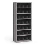 Empty grey bin shelving with 8 shelves and 28 slots on a white background.